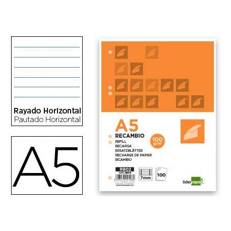 Recambio Liderpapel DIN A5 6 taladros 100 gr rayado horizontal